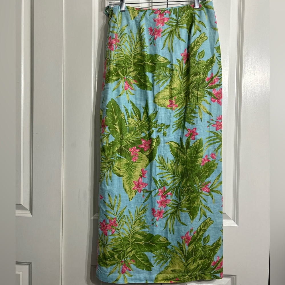 Vinatage Jones New York Floral Tropical Print Wrap Maxi Linen Skirt Size 4 - Picture 10 of 11